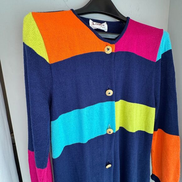 VTG Laura by Alyzia Colorblock Sweater Dress Women's SZ 10 Bright Acrylic Nylon - Picture 2 of 9